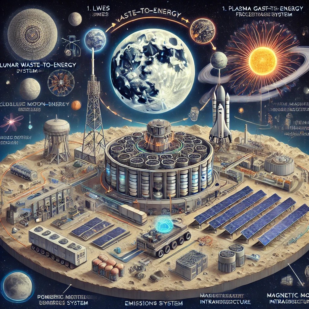 Futuristic lunar base featuring an advanced waste-to-energy system, solar panel arrays, a plasma gas-to-energy processing unit, and a magnetic moon infrastructure. The high-tech colony integrates sustainable energy solutions with emission systems, robotic logistics, and space travel capabilities against a backdrop of the Moon and deep space. Ideal for proposals on space colonization, renewable energy, and off-world sustainability.